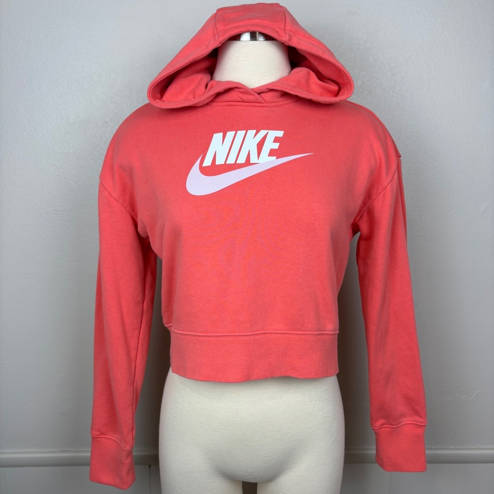 Nike Sportswear Club Cropped Hoodie Size XL Kids French Terry Coral Spellout